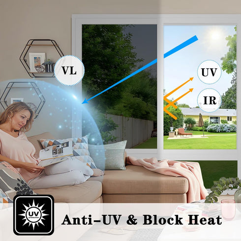ConCus-T One Way Window Privacy Film Daytime Reflective Mirror Window Tint Non-adhesive Static Cling UV Blocking Window Sticker for Home Office, B...