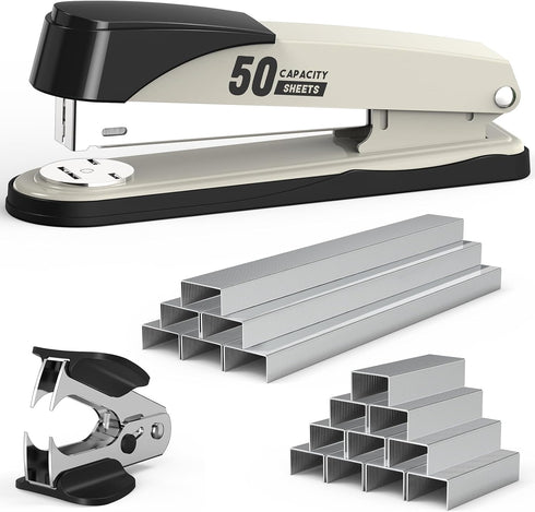 Metal Stapler Heavy Duty 50 Sheet Capacity with 1750 Staples and Staple Remover, White Stapler Full Strip Staplers for Desk, No Jam, Non-slip Offi...