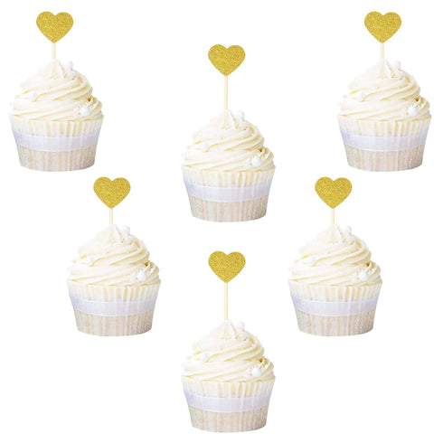 Ercadio Gold Glitter Heart Cupcake Toppers Sweet Love Theme Cupcake Picks Wedding Engagement Bridal Shower Birthday Party Cake Decorations 40 PCS...