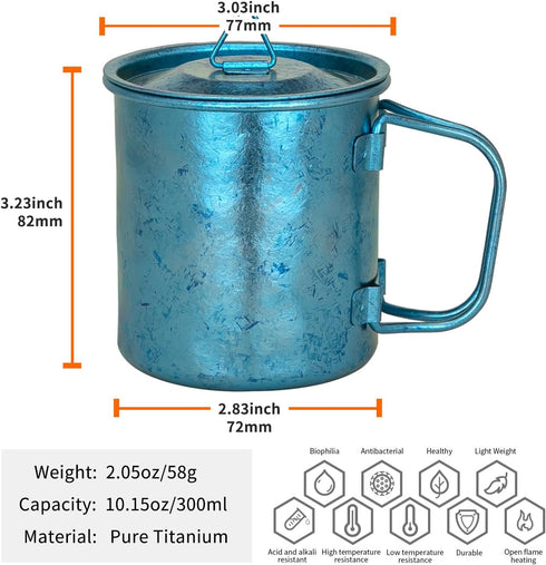 TiTo Titanium Cup Titanium Pot with Lid Ultralight Portable 300ml Foldable Handle Camping Tea Coffee Water Mug for Outdoor Backpacking Hiking Picn...