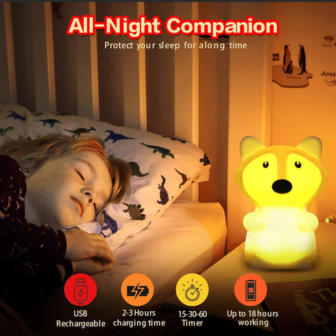 WHA&DARREN Fox Squishy Night Light for Babies & Kids, Nursery Light, Animal Shaped, Silicone Material...