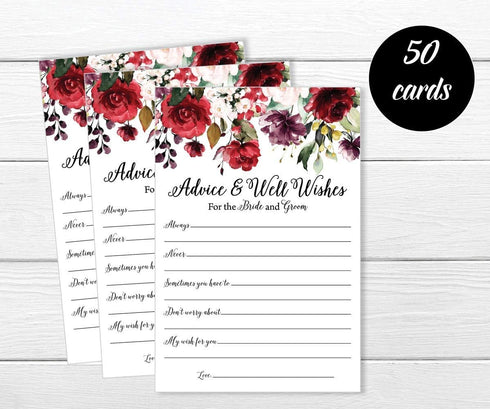 Pack of 50 Wedding Advice Cards for Bride and Groom- Burgundy Well Wishes for Bride-Bridal Shower Games for Guests, Reception, Bridal Shower Guest...