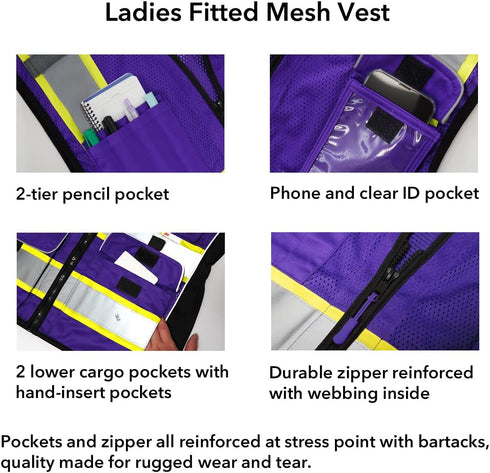 Vest for Women with Pockets, Mesh Reflective Vest High Visibility, ANSI Class 2 Made with 3M Reflective Tape, Purple XL...
