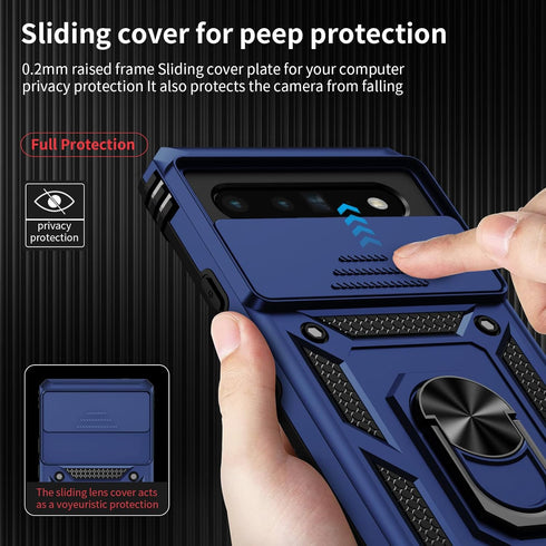for Google Pixel 6 Pro Case with Slide Lens Cover, Military Grade Drop Protection, Magnetic Rotated Ring Holder Kickstand Protective Phone Case (N...