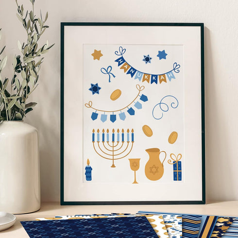 Whaline 60 Sheet Hanukkah Pattern Paper A5 Size Hanukkah Star Lamp Spinning Top Scroll Flagon Scrapbook Paper Double-Sided Craft Paper Folded Flat...