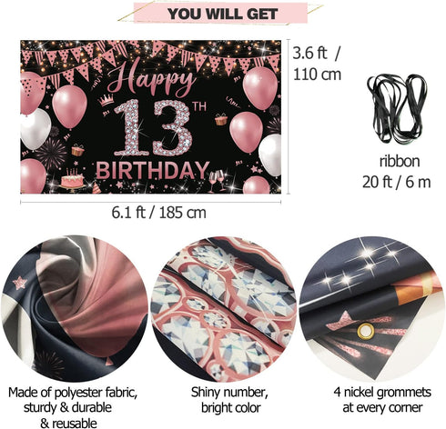 13th Birthday Decorations Backdrop Banner, Happy 13th Birthday Decoration for Girls, Rose Gold Birthday Photography Background, 13 Year Old Birthd...