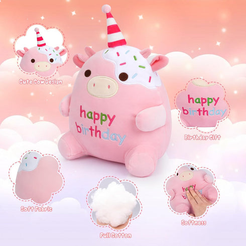 Happy Birthday Plush Toy, 8Inch Cute Cow Plush, Cow Stuffed Animals Soft Birthday Plush, Kawaii Cow Plushie Doll Home Party Decoration Birthday Gi...