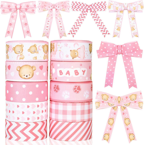10Rolls Pink Baby Shower Grosgrain Ribbon Pink Bear Heart Paw Printed Ribbon for Baby Shower Diaper Cake Decorations Birthday Party DIY Craft...