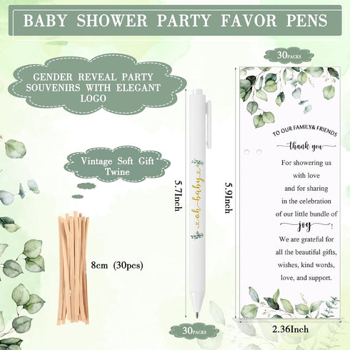 Greenery Baby Shower Pens Decoration Baby Shower Party Games Gift Cards with String Black Ink Retractable Ballpoint Pens for Girl Boy Gender Revea...