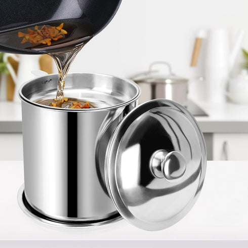 Bacon Grease Container,Kitchen Oil Container Can with Strainer and Anti-slip coaster tray for Store Meat Frying Oil and Cooking Grease Storage...