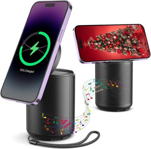 JSAUX Cell Phone Stand with Wireless Bluetooth Speaker and Magnetic Wireless Charger, Compatible with iPhone 15/Samsung, Birthday Gifts for Men an...