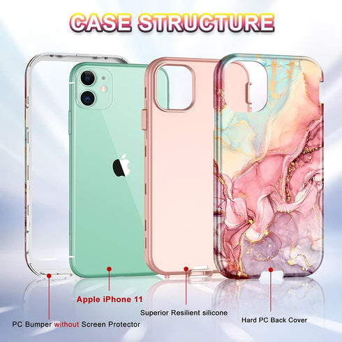 CASEFIV Compatible with iPhone 11 Case,Marble Pattern 3 in 1 Heavy Duty Shockproof Full Body Rugged Hard PC+Soft Silicone Drop Protective Women Gi...