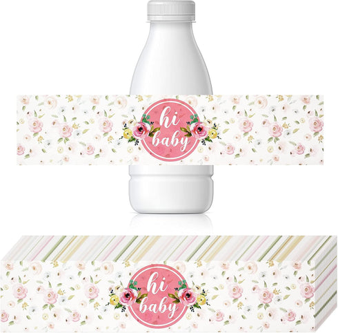 Zonon 48 Pieces Pink Baby Shower Water Bottle Labels Floral Baby Shower Decorations Waterproof Water Bottle Stickers Wrappers for Pink Floral Them...