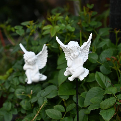 OwMell Set of 2 Decorative Angel Garden Stakes, Small Angel Fairy Garden Angel Ornaments, Cherub Angel Memorial Statue Flower Pot Decorations - Wh...