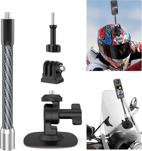 Flexible Adhesive Helmet Mount for insta360, Motorcycle Windscreen Camera Mount with Gear & Carbon Firber Extention Rod Compatible with insta360 X...