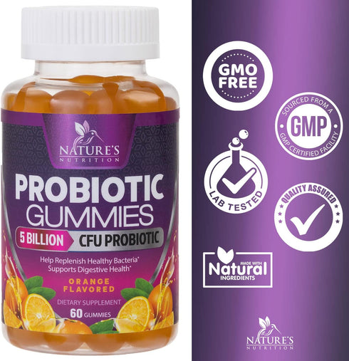 Probiotic Gummies for Digestive Health, Daily Probiotics for Women & Men, 5 Billion CFUs, Nature's Pro Biotics Gummy for Immune Support, Digestive...