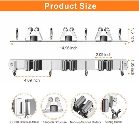 Mop and Broom Holder Wall Mount, Upgraded Broom Organizer Wall Mount, Stainless Steel Broom Hanger Wall Mount for Home Kitchen Garden Laundry Gara...