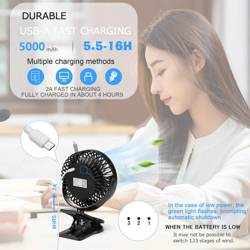 Clip Fan 5000mAh Rechargeable Battery Mini Fan with Clip on Fan Sturdy Clamp 3 Speeds Portable Tent Camping Fan Handheld Small Desk Desktop Table ...