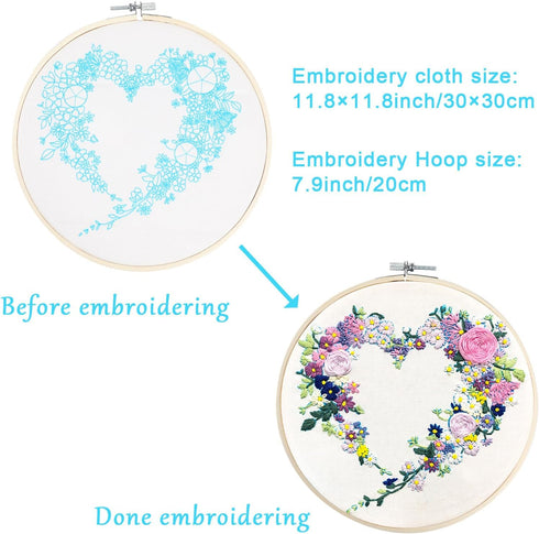 Creativease Embroidery DIY Starter Kit, 3pcs Set | Floral & Plant Designs for Adults and Kids Alike | with 20cm Bamboo Hoop, 28 * 29cm Cloth, and ...