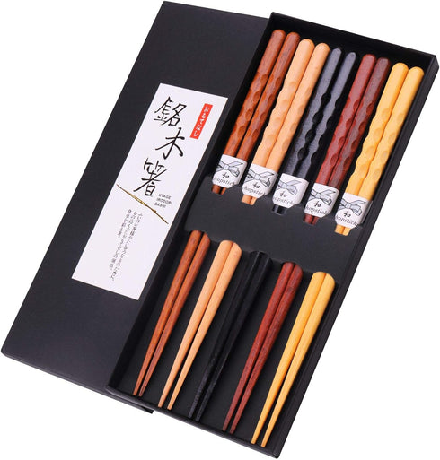 GLAMFIELDS Reusable Chopsticks Japanese Natural Wooden 5 Pairs Classic Style Lightweight Hand-Carved Safe Chop Sticks 8.8 Inch/22.5cm Gift Set...