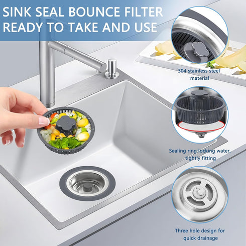 Kitchen Sink Drain Strainer, 3-in-1 304 Stainless Steel Sink Drain Stopper with Strainer Basket, Pop Up Anti-Clogging Odor Filter for 3-1/2 Inch S...