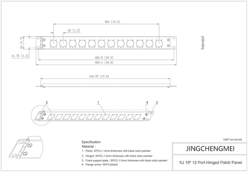 Jingchengmei 12 Port/Way/Hole Hinged Patch Panel - 1U 19" Rack Mount D-Type Connectors - Audio with Hinged Side (H1U12D, Black)...