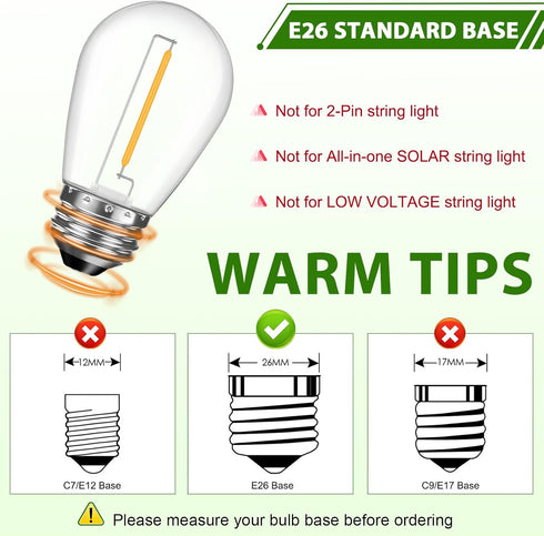 15 Pack Dimmable LED S14 Replacement Light Bulbs, Waterproof 1W Vintage Edison Bulbs for Outdoor Patio Garden String Lights, E26 Regular Medium Sc...