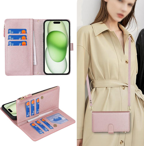 Jaorty for Apple iPhone 15 Plus Phone Wallet Case for Women with Card Holder,Crossbody iPhone 15 Plus Case with Strap Lanyard,Zipper Pocket Magnet...