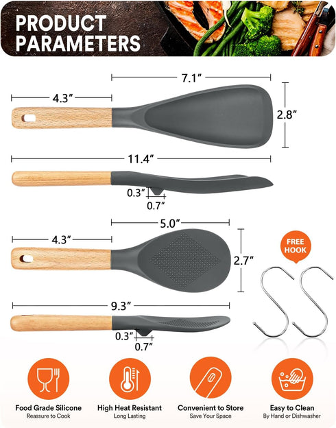 Cooking Spoon and Rice Scooper for Nonstick Cookwares, Great for Cooking and Serving Durable BPA-Free Matte Silicone, Wood Handle Spoon for Mixing...