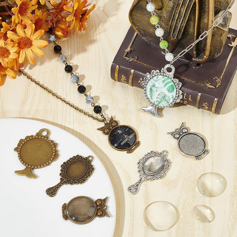 SUNNYCLUE 24Pcs DIY 12 Sets Pendant Bezel Blanks Cabochon Base Setting Bezel Frame Pendant Tray Vintage Owl Cabochon Blanks Mirror Shaped Cabochon...
