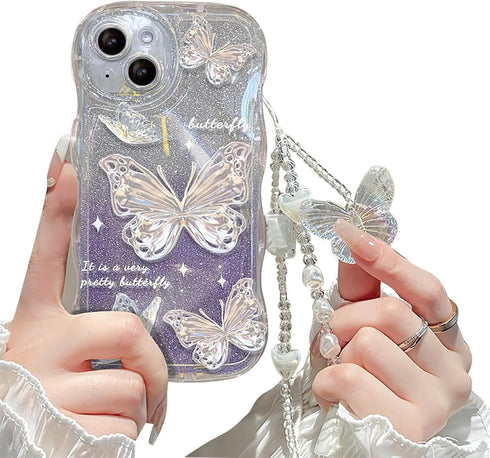 Compatible with iPhone 11 Case for Women/Girls, Cute Butterfly Glitter Bling with Bracelets Anti-Scratch Shockproof Case for iPhone 11, Purple wit...