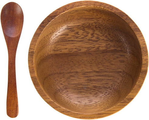 Set of 4 Small Round Acacia Wooden Bowls 3¾ Inch Diameter 1½" High With Spoons - Stackable Mixing Bowl Salad Soup Snack Dip Sauce Charcuterie Wood...