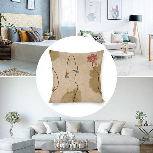 Chinoiserie Throw Pillow Cover Lotus Ink Painting Flowers Pillow Cases Farmhouse Home Decor for Room Couch Patio Porch Outdoor 18"x18"...
