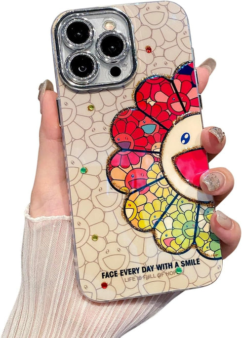Cartoon Case for iPhone 15 Pro Max 6.7'' with Cute Glitter Bling Pattern Soft TPU Shockproof Protective with Camera Lens Protector for Girls Women...