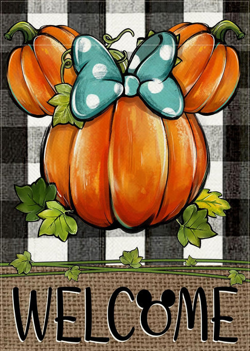 Welcome Fall Cartoon Mouse Pumpkin Decorative Garden Flag, Autumn Thanksgiving Buffalo Plaid Check Yard Outside Decorations, Farmhouse Rustic Outd...