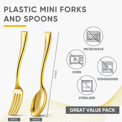 Gold Plastic Silverware Set, Plastic Gold Cutlery Utensils 4 Inch Tasting Gold Mini Forks and Spoons for Ice Cream Sample Desserts Sampling Puddin...