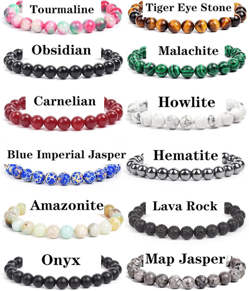 BOMAIL 12Pcs Natural Semi-Precious Gemstones Bracelets -8mm Round Beaded Bracelets for Men Women Reiki Healing Crystals Beads Stretch Bracelet...