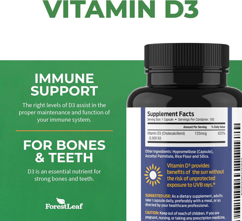 ForestLeaf Vitamin D3 5000 IU - Bone Health and Immune Support - Small Easy to Swallow Vegetable Capsules - Non-GMO Gluten Free VIT D - VIT D3 Vit...