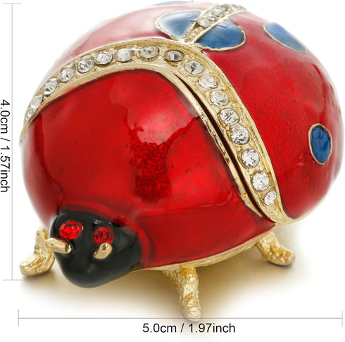 Hand Painted Enameled Ladybug Trinket Box, Hinged Unique Mini Ring Necklace Jewelry Organizer, Classical Bejeweled Storage, Figurine Collectible K...