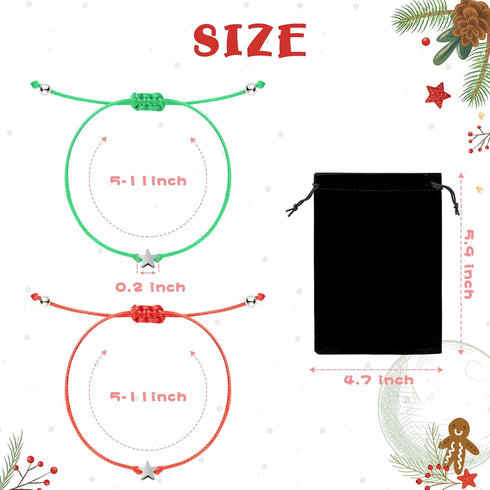2Pcs Christmas Bracelets Gift for Friendship Couple Christian Sterling Silver Star Jewelry Accessories Set Green and Red Handmade Adjustable X'mas...