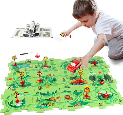 Puzzle Track Car Play Set, Plastic Puzzles for Kids with Vehicles, Railcar Puzzle, Car Tracks for Toddlers, Toys Gifts for 2 3 4 5 6 Year Old Boys...