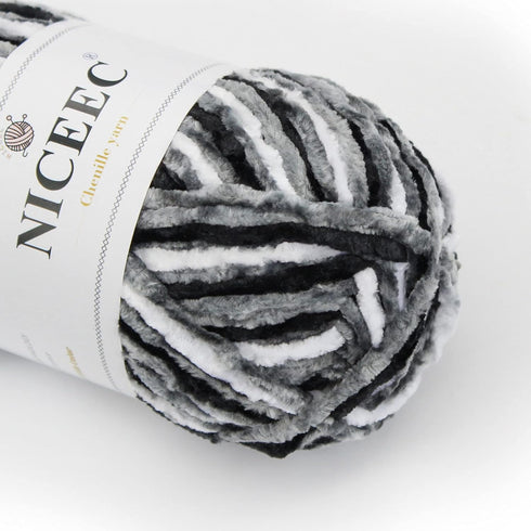 NICEEC 3 Skeins Soft Chenille Yarn Blanket Yarn for Knitting Fancy Yarn for Crochet Weaving DIY Craft Total Length 3×85m (3×93yds, 3×50g)_Black Wh...
