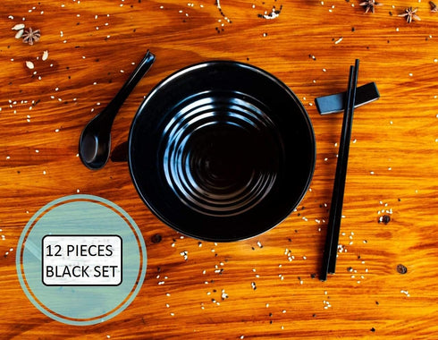 12 Pieces Ramen Set: 4 Black Spoons, 4 Chopsticks And 4 Stand rest. Asian Soup Spoons. Unbreakable Melamine Made. Perfect For Japanese And Chinese...
