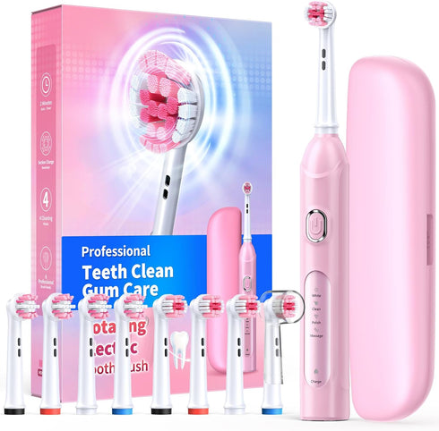 Rotating Electric Toothbrush with Travel Case for Adults Pink, 8 Brush Heads (2 Types) 4 Modes Deep Clean Electric Toothbrush with 25-Days Recharg...