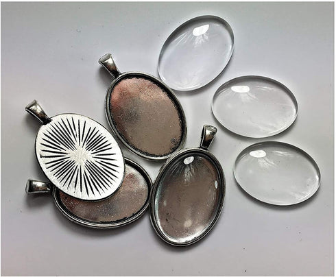 ALL in ONE 10 Sets Cabochon Frame Setting Tray Pendant with Clear Glass Dome Tile for DIY Jewelry Making (25x18MM Antique Silver#1)...