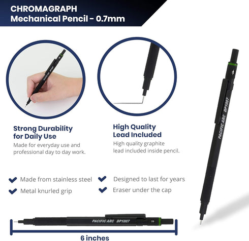 Pacific Arc Chromagraph Metal Mechanical Pencil .7 mm Black Barrel Mechanical Pencil with Built In Adjustable Pencil Grade, Lead Pencil Holder for...