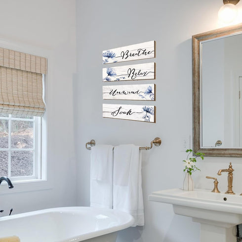 YIGAGNY 4 Pieces Bathroom Wall Decor Wooden Rustic Farmhouse Bathroom Wall Art Hanging Sign 10 x 4 Inch Blue Bathroom Accessories Decor for Spa La...