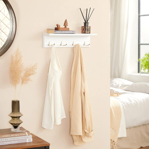 SONGMICS Entryway Hanging Coat Rack, Wall-Mounted Wooden Shelf, with 4 Double Hooks, Wall Floating Shelf, White ULHR42WT...