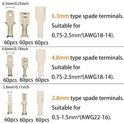 540pcs 2.8mm 4.8mm 6.3mm Male and Female Spade Connectors Kit with Insulating Sleeve, Crimp Connectors Crimp Terminals Electrical Connectors, Elec...