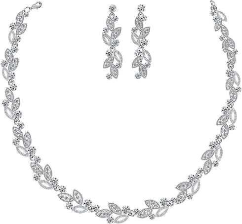 FAMARINE Silver Bridal Jewelry Set, Clear Crystal Wedding Drop Earrings Necklace for Bride Bridesmaid...